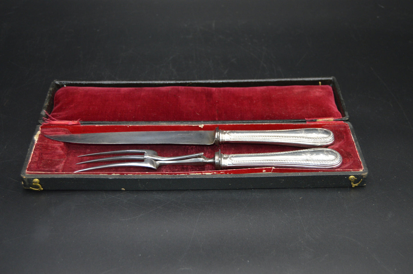 Chenailler Carving Set French Solid SILVER Silver Handle Fork Carbon Steel Blade Antique Hallmarked Minerva 950 Silver Marked Paris Old Box