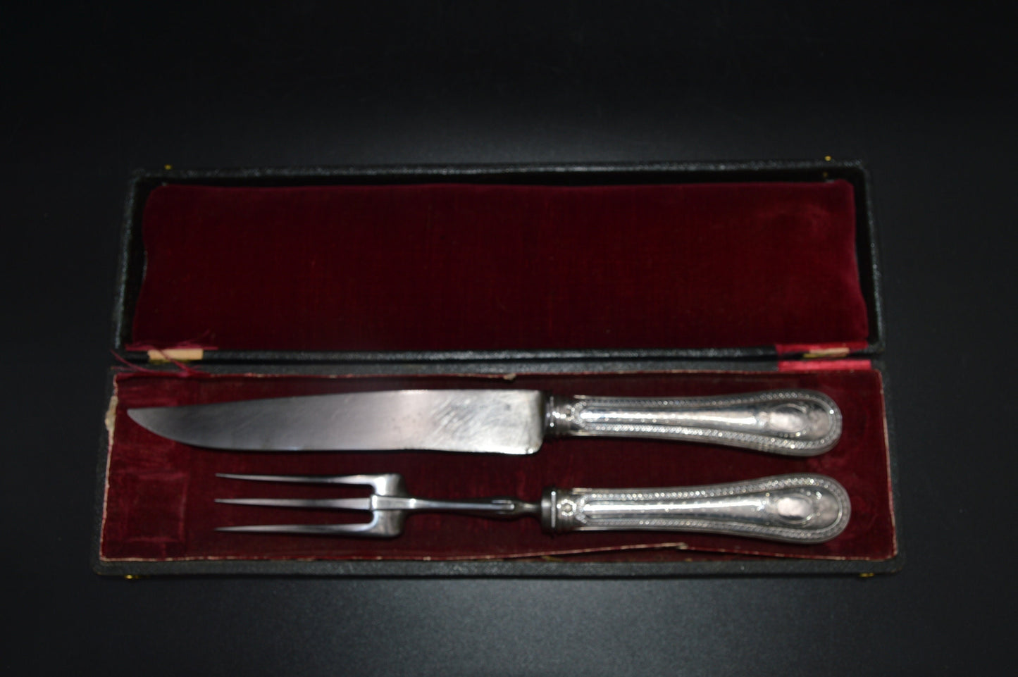 Chenailler Carving Set French Solid SILVER Silver Handle Fork Carbon Steel Blade Antique Hallmarked Minerva 950 Silver Marked Paris Old Box