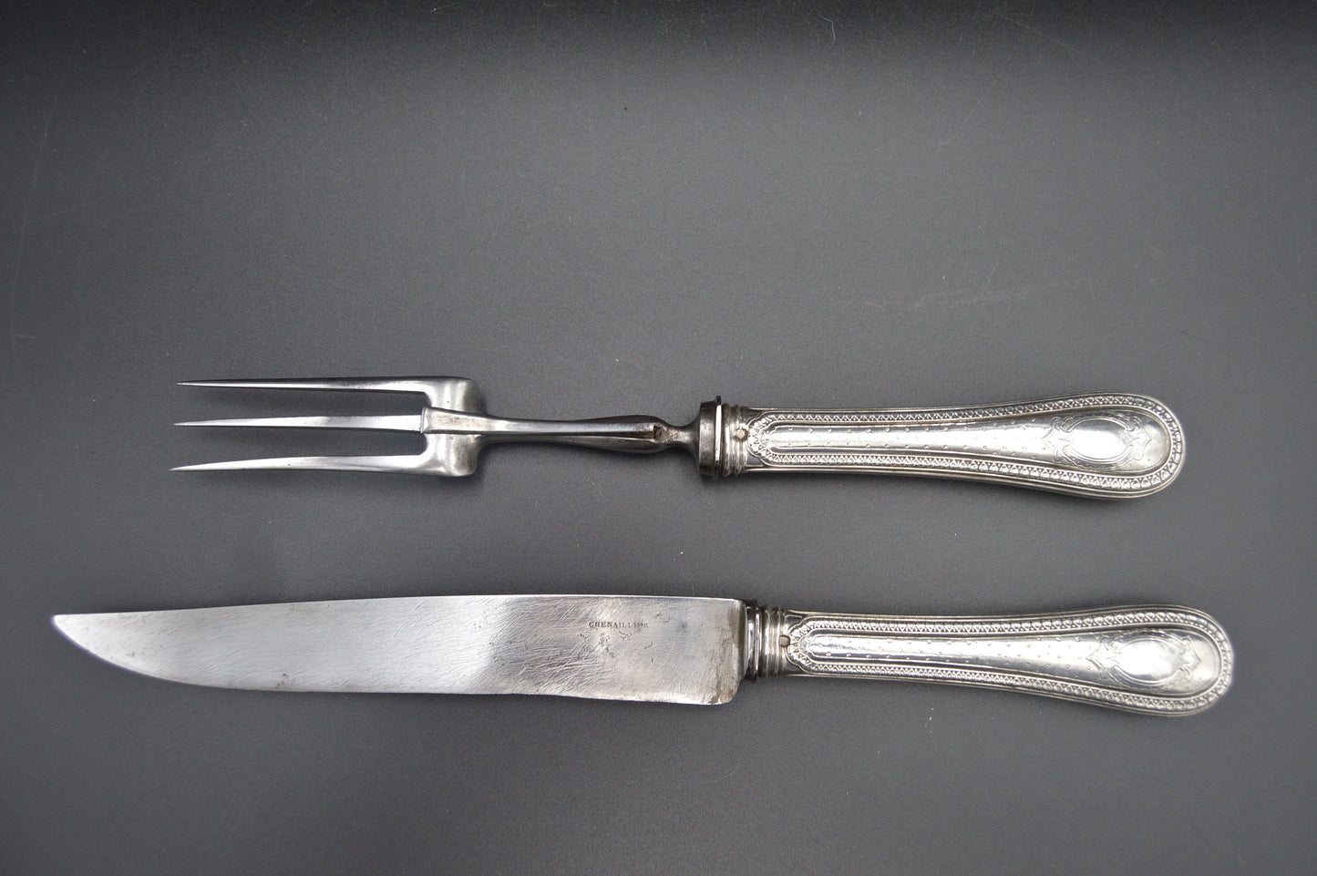 Chenailler Carving Set French Solid SILVER Silver Handle Fork Carbon Steel Blade Antique Hallmarked Minerva 950 Silver Marked Paris Old Box