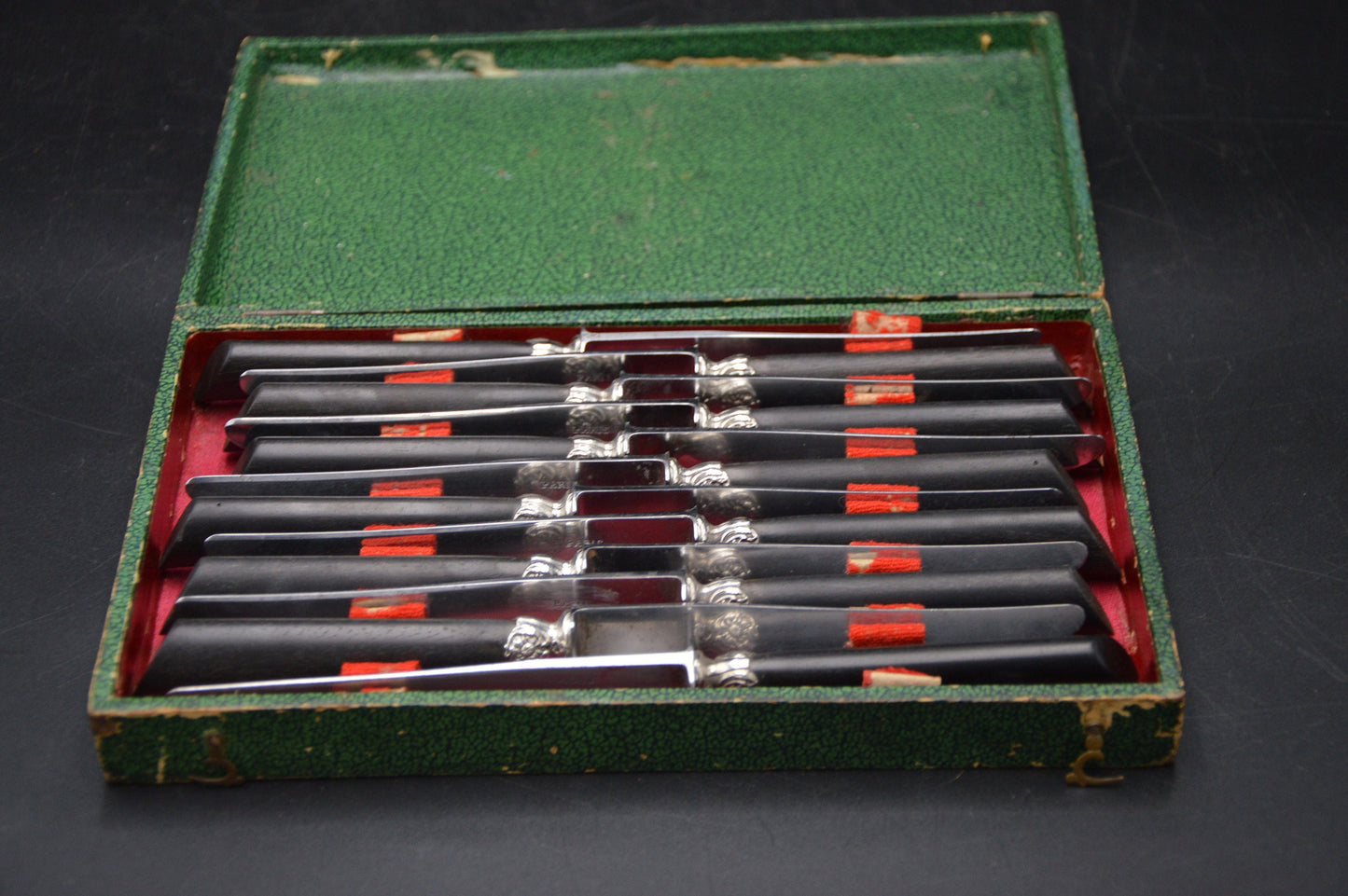 Knives 12 Boxed French Ebony Handles Marked Paris Antique Made in France Cutlery Flatware Knife French Tableware Superb Condition Boxed