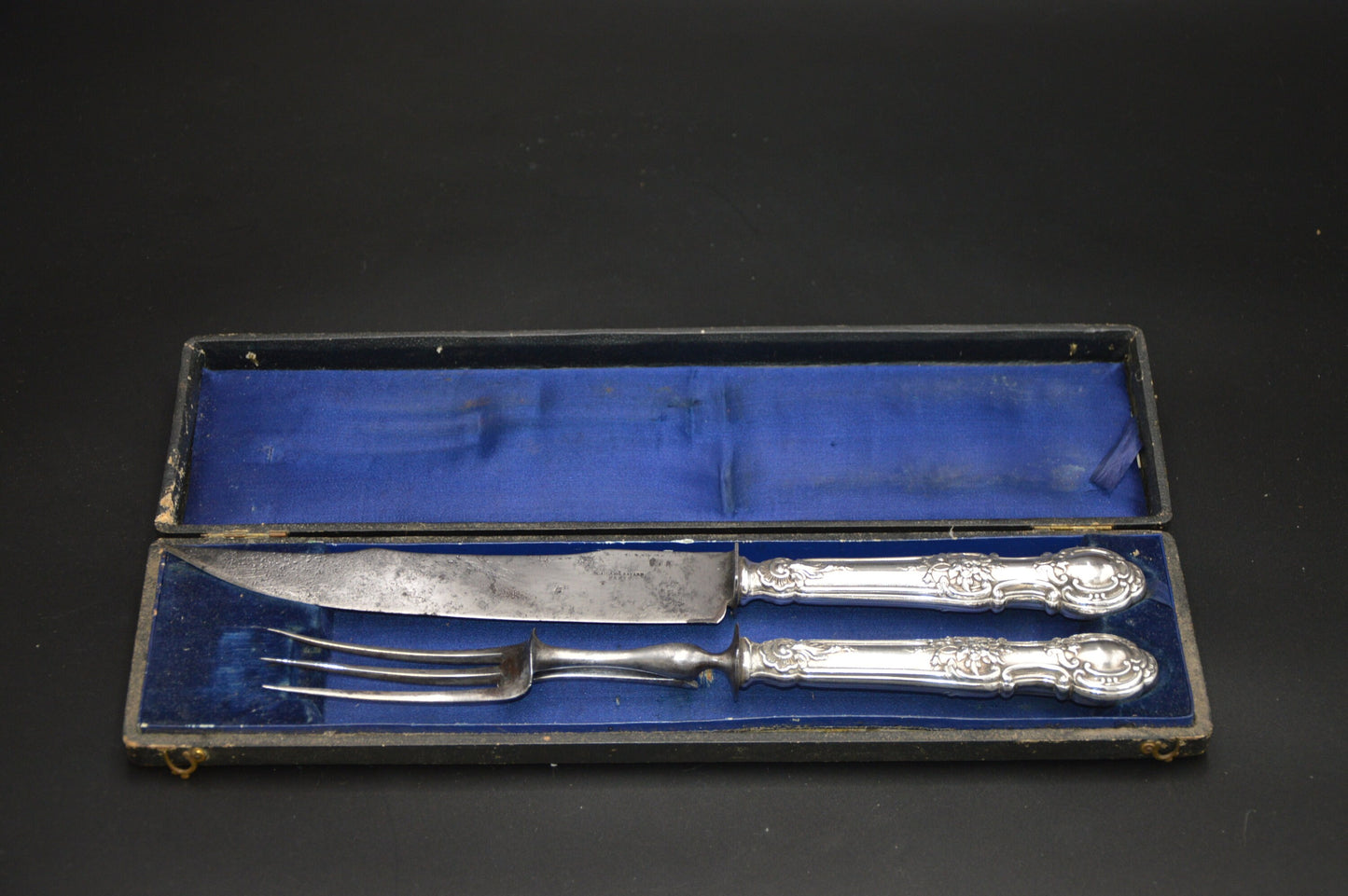 Cailar Bayard Carving Set French Solid SILVER Silver Handle Fork Carbon Steel Blade Antique Hallmarked Minerva 950 Silver Later Box