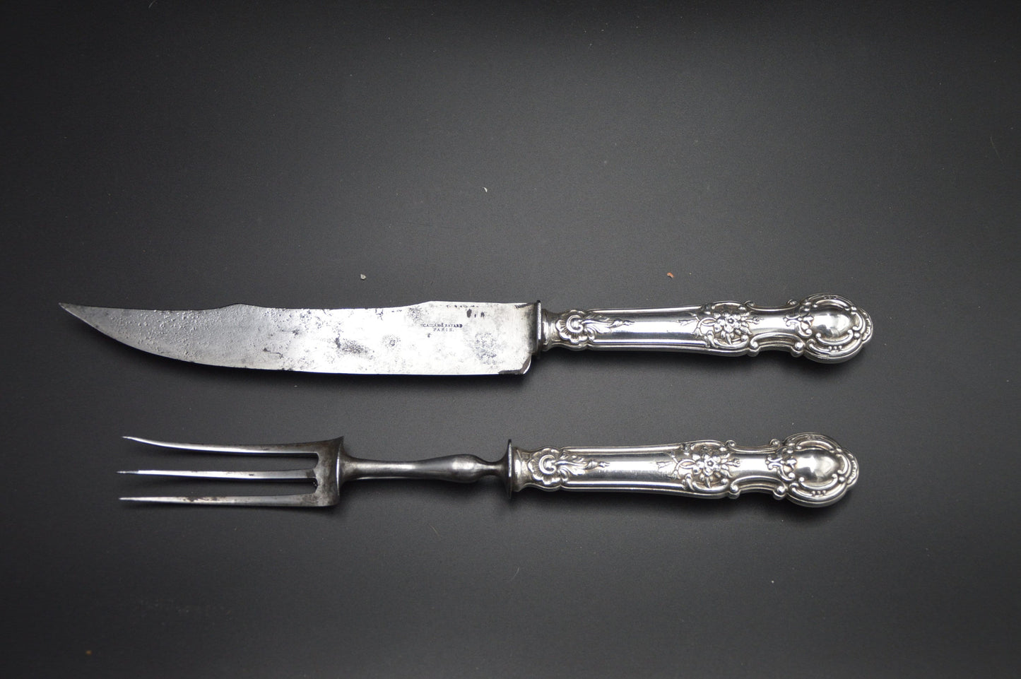 Cailar Bayard Carving Set French Solid SILVER Silver Handle Fork Carbon Steel Blade Antique Hallmarked Minerva 950 Silver Later Box