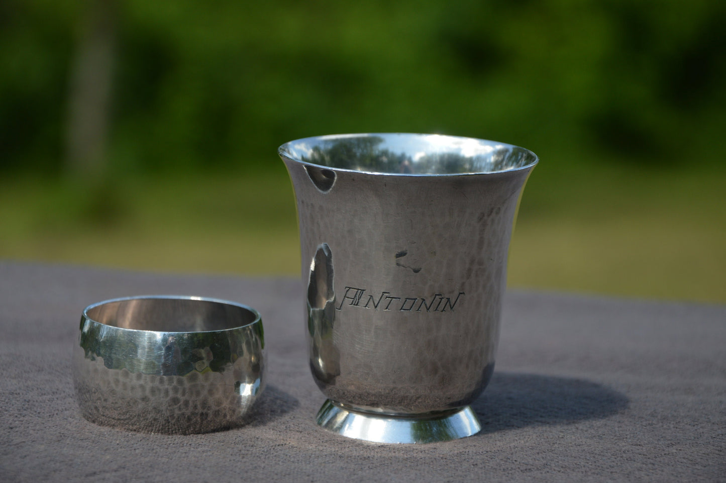 Beaker and Napkin Ring Ravinet D Enfert Silver Plated 'Metaille Blanc' Fully Marked Planished Design Engraved ANTONIN