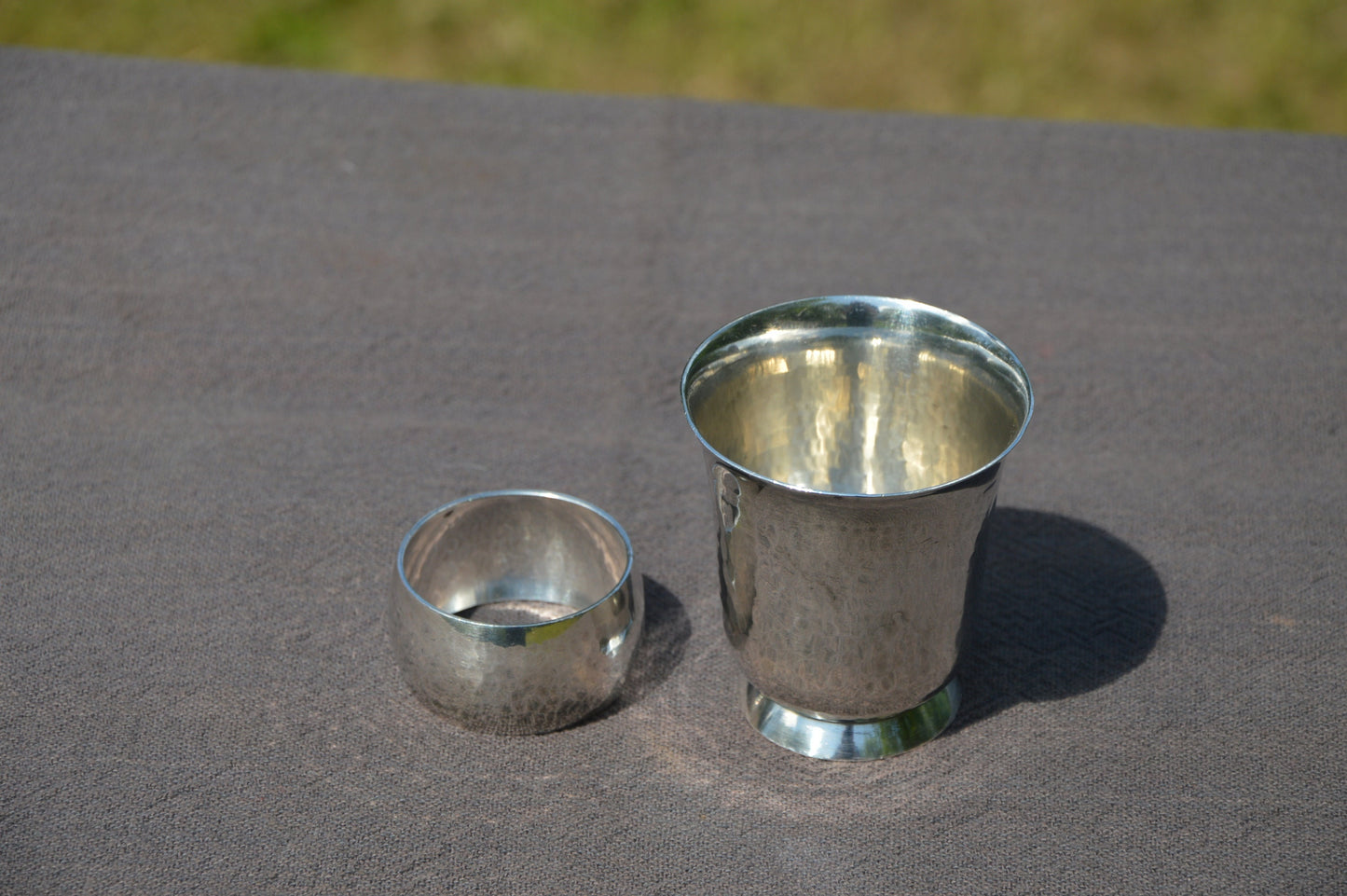 Beaker and Napkin Ring Ravinet D Enfert Silver Plated 'Metaille Blanc' Fully Marked Planished Design Engraved ANTONIN