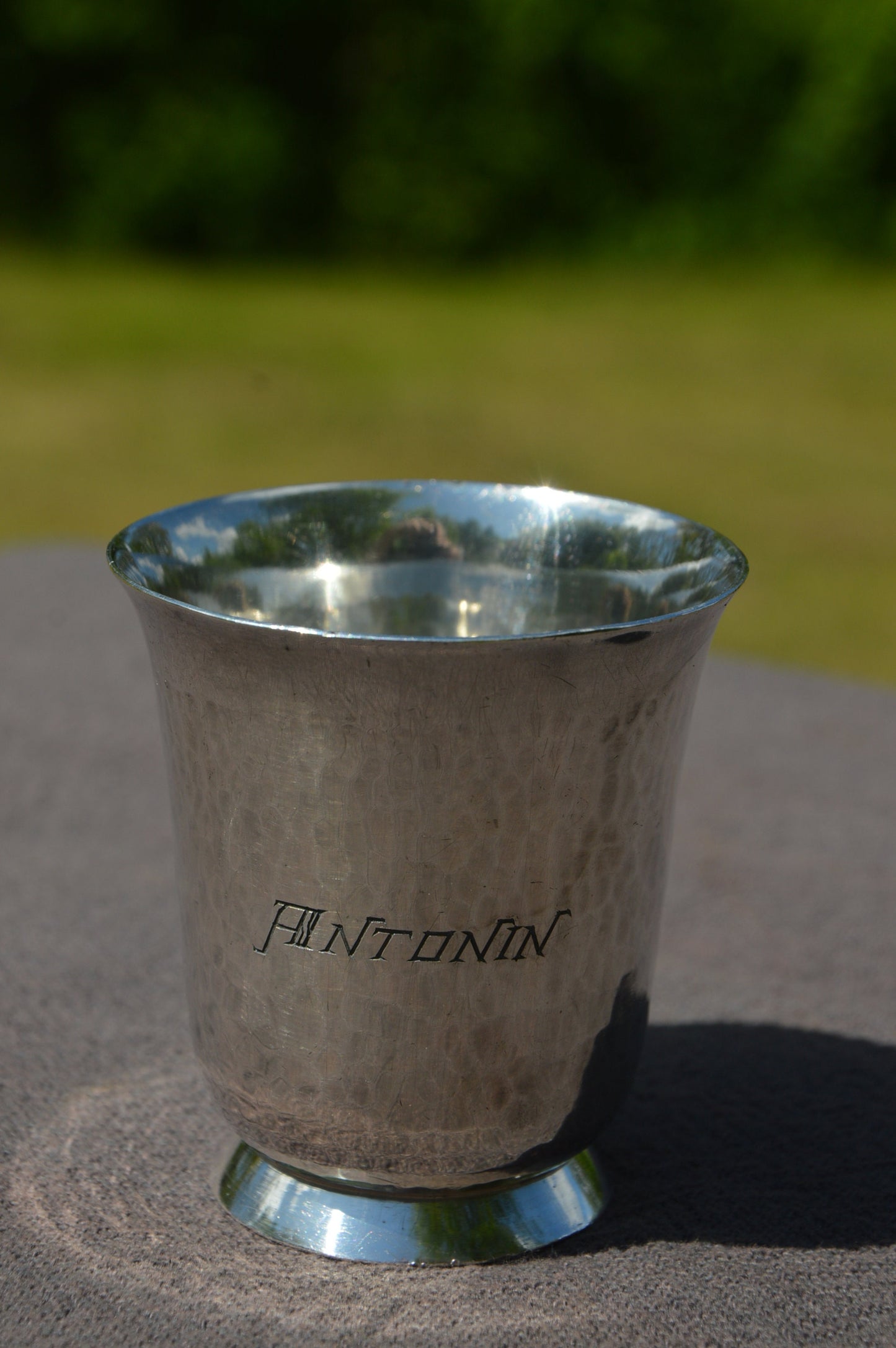 Beaker and Napkin Ring Ravinet D Enfert Silver Plated 'Metaille Blanc' Fully Marked Planished Design Engraved ANTONIN