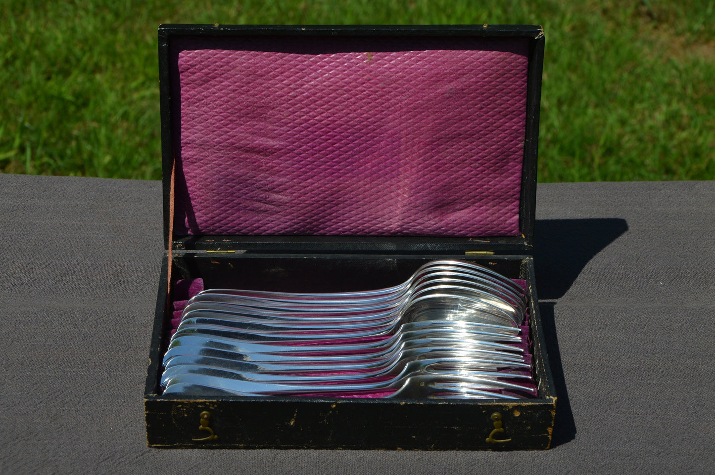Alfenide 6 Forks and 6 Spoons Boxed Entremets/Dessert French Silver Plated Marked Alfenide Cutlery Flatware 1881-1931 5101 Baguette Pattern