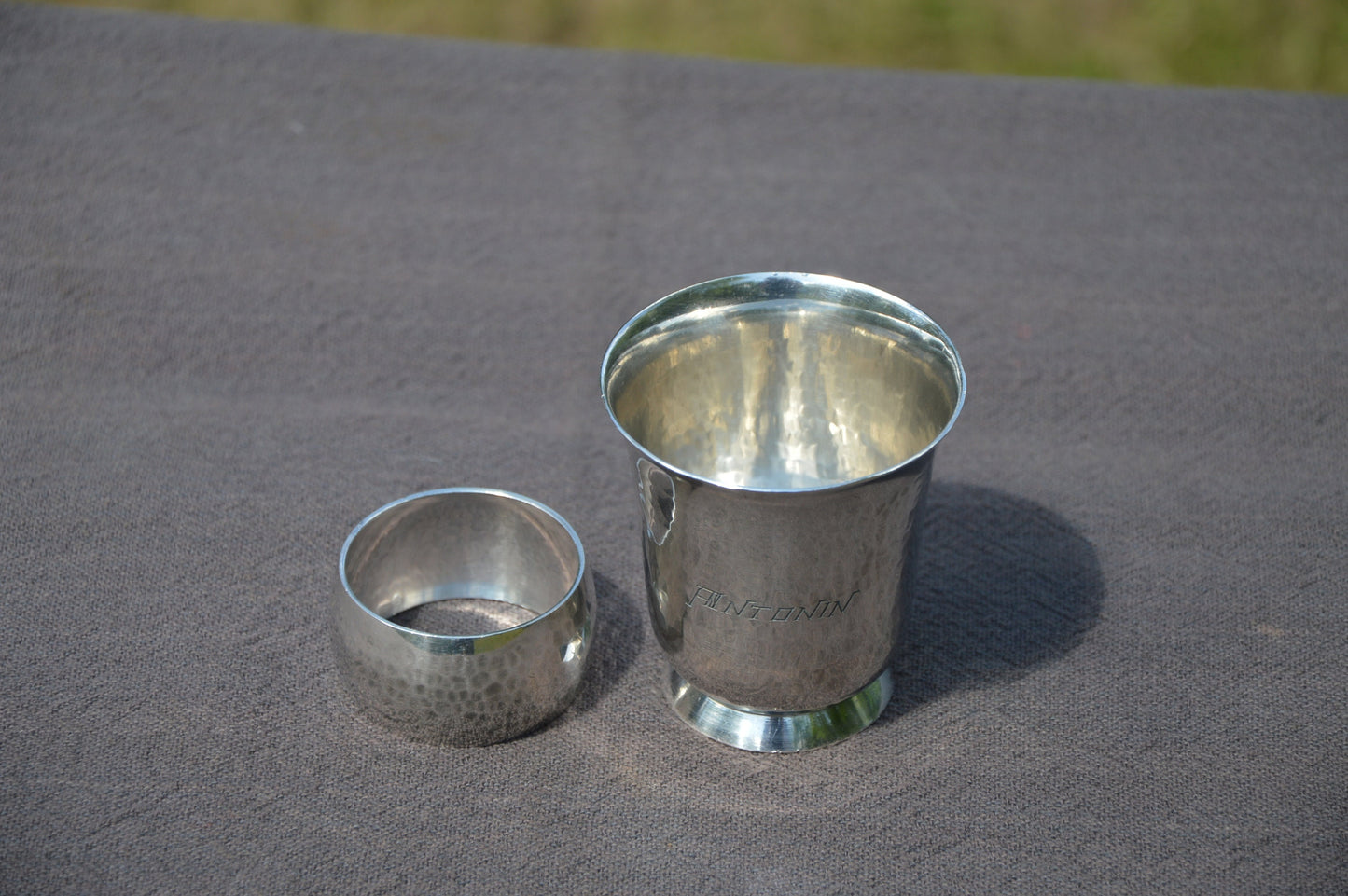 Beaker and Napkin Ring Ravinet D Enfert Silver Plated 'Metaille Blanc' Fully Marked Planished Design Engraved ANTONIN