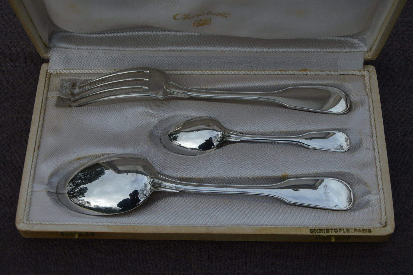 Christofle Dining Set Individual Box 3 Pieces Versailles Pattern Fork Spoon Teaspoon Fully Marked Christofle 1935-1983 Silver Plate