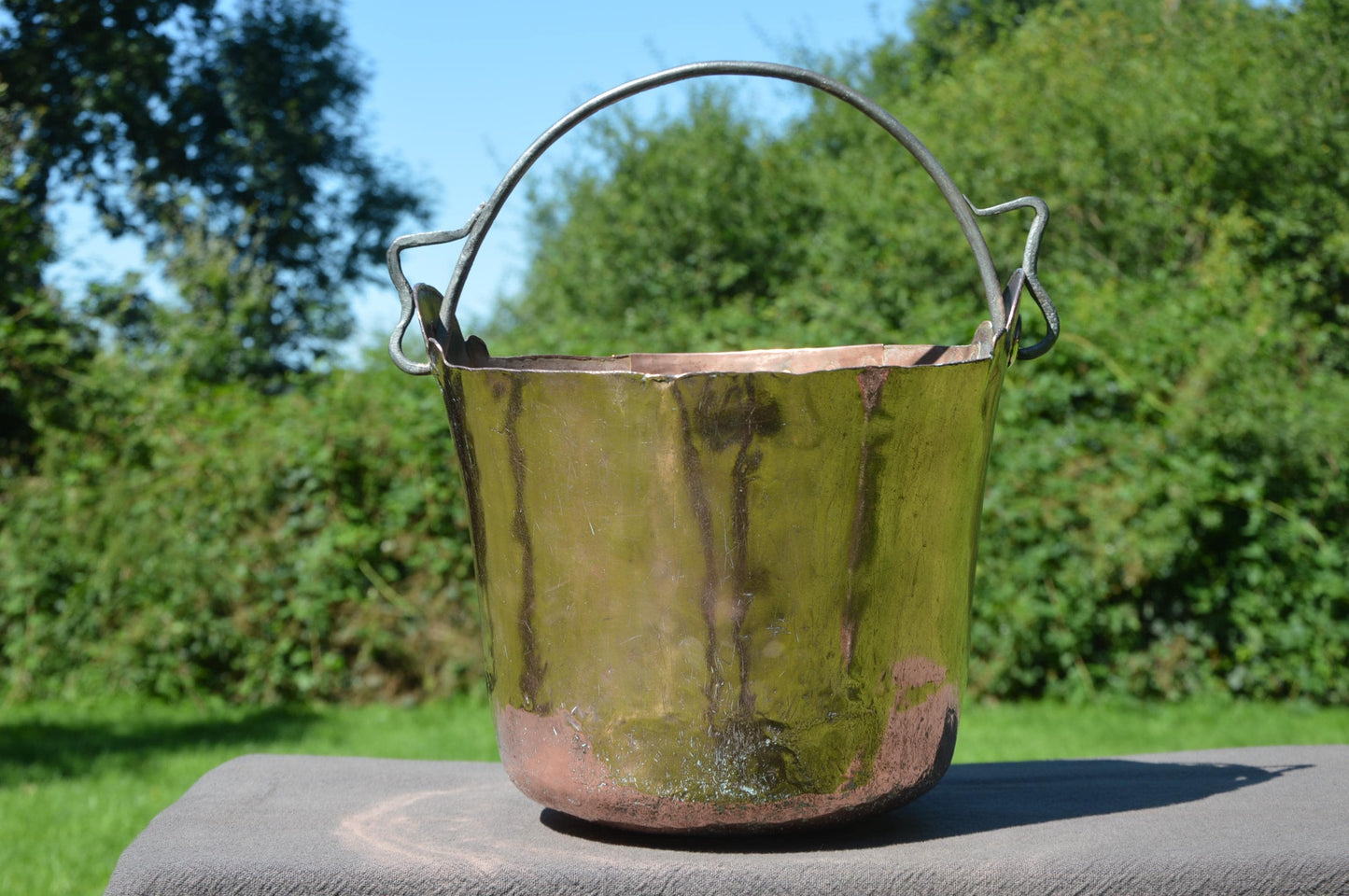Antique French Solid Copper Water Bucket Copper Bucket Forged Iron Handle Totally Hand Made Fabulous Ancient Manufacture Not Water Tight