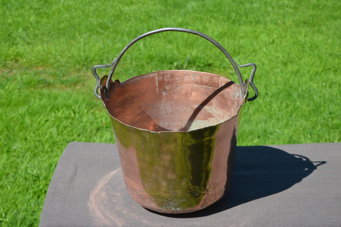 Antique French Solid Copper Water Bucket Copper Bucket Forged Iron Handle Totally Hand Made Fabulous Ancient Manufacture Not Water Tight