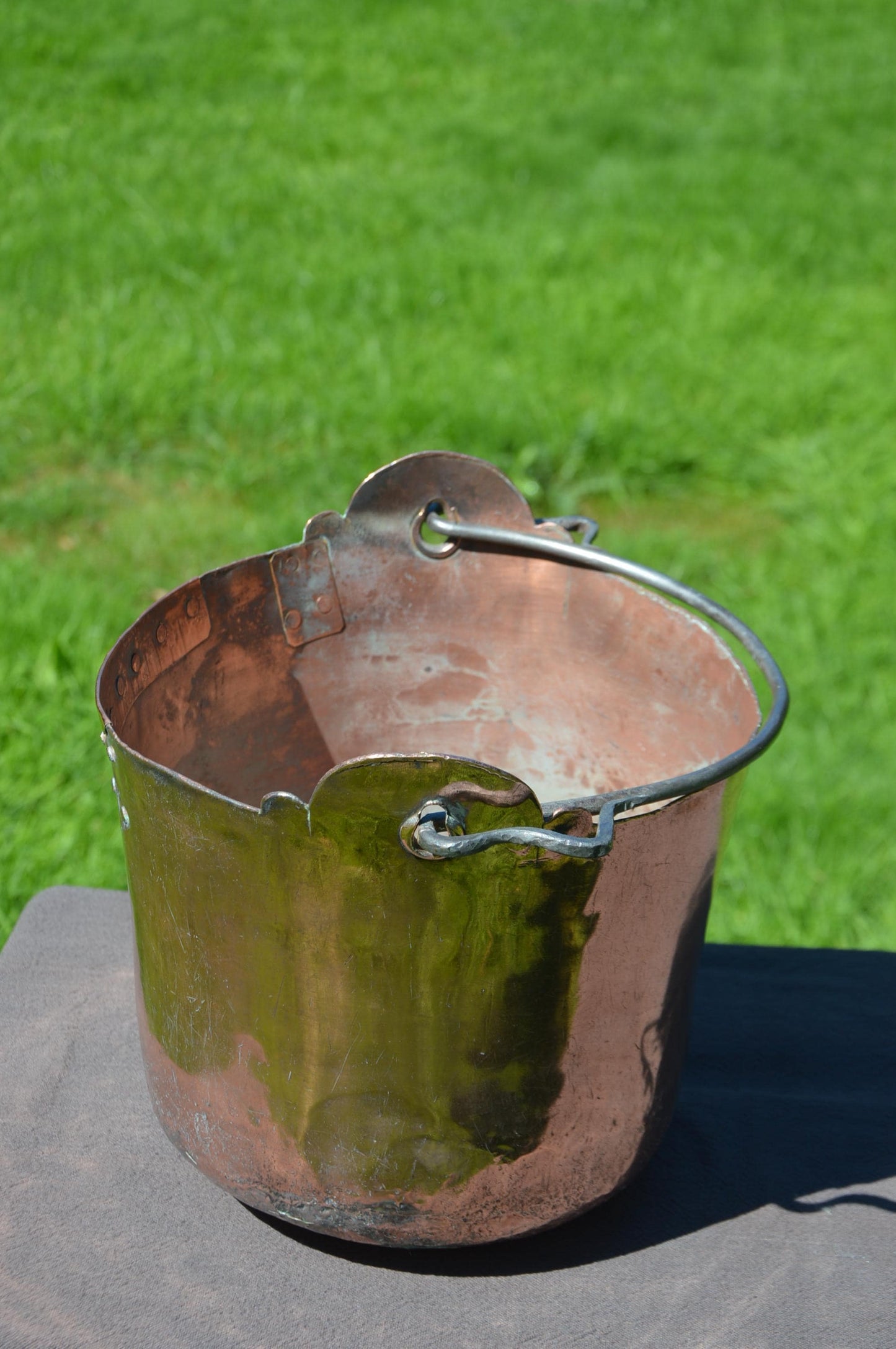Antique French Solid Copper Water Bucket Copper Bucket Forged Iron Handle Totally Hand Made Fabulous Ancient Manufacture Not Water Tight