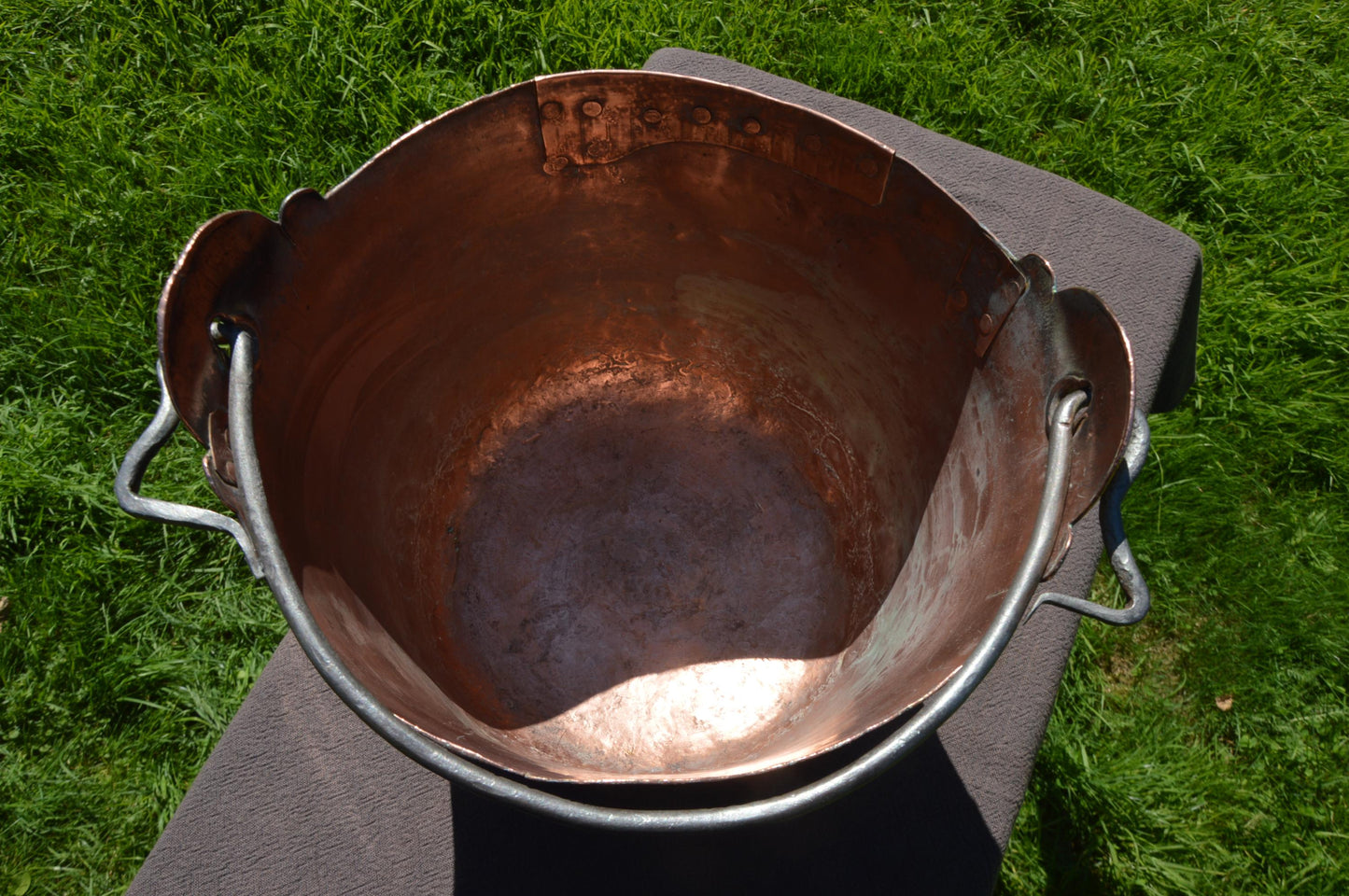 Antique French Solid Copper Water Bucket Copper Bucket Forged Iron Handle Totally Hand Made Fabulous Ancient Manufacture Not Water Tight
