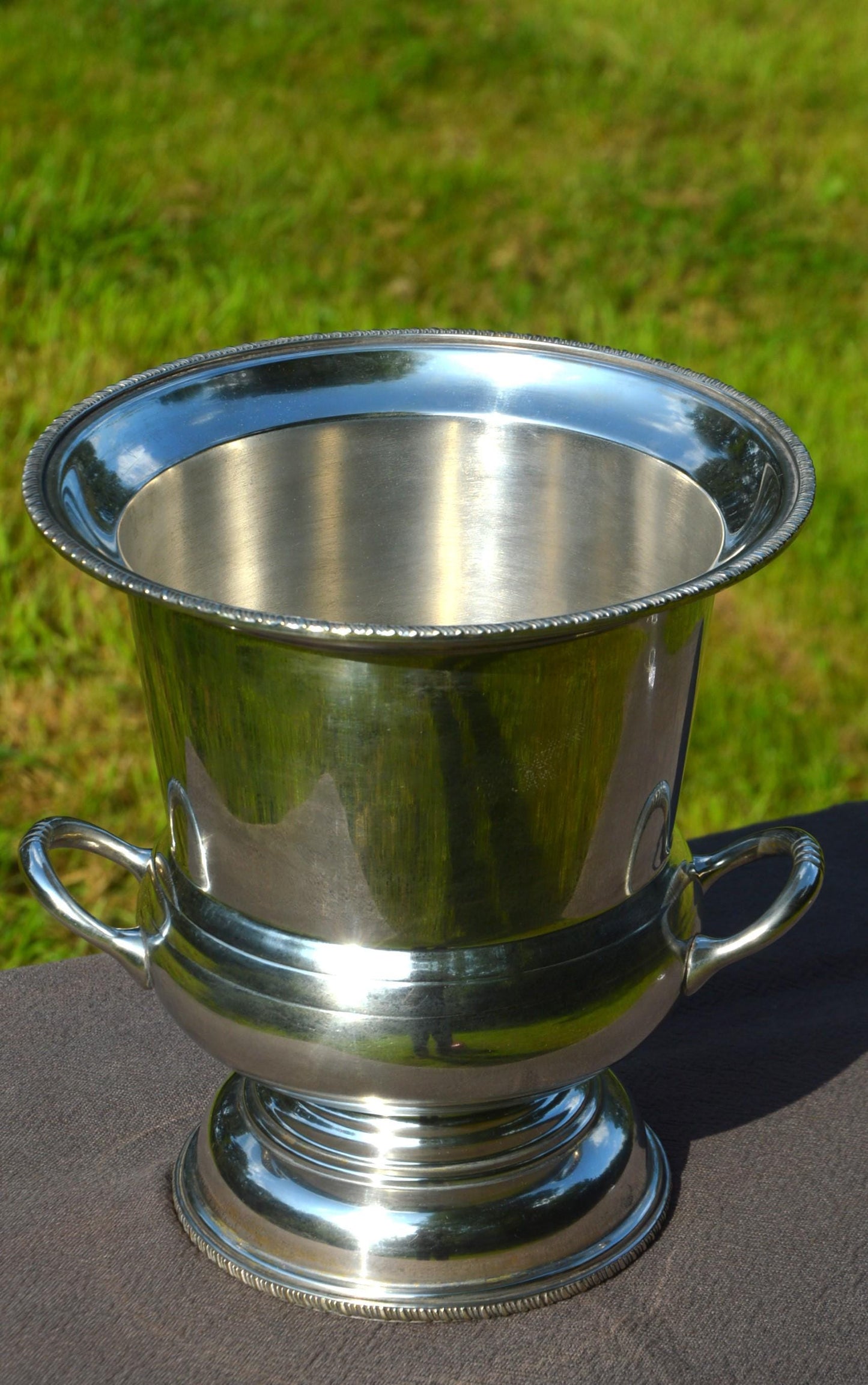 Wine Cooler Champagne Bucket Seau de Champagne Marked PA Silver Plated Metaille Blanc Grape and Vine Design Two Swing Handles Good Condition