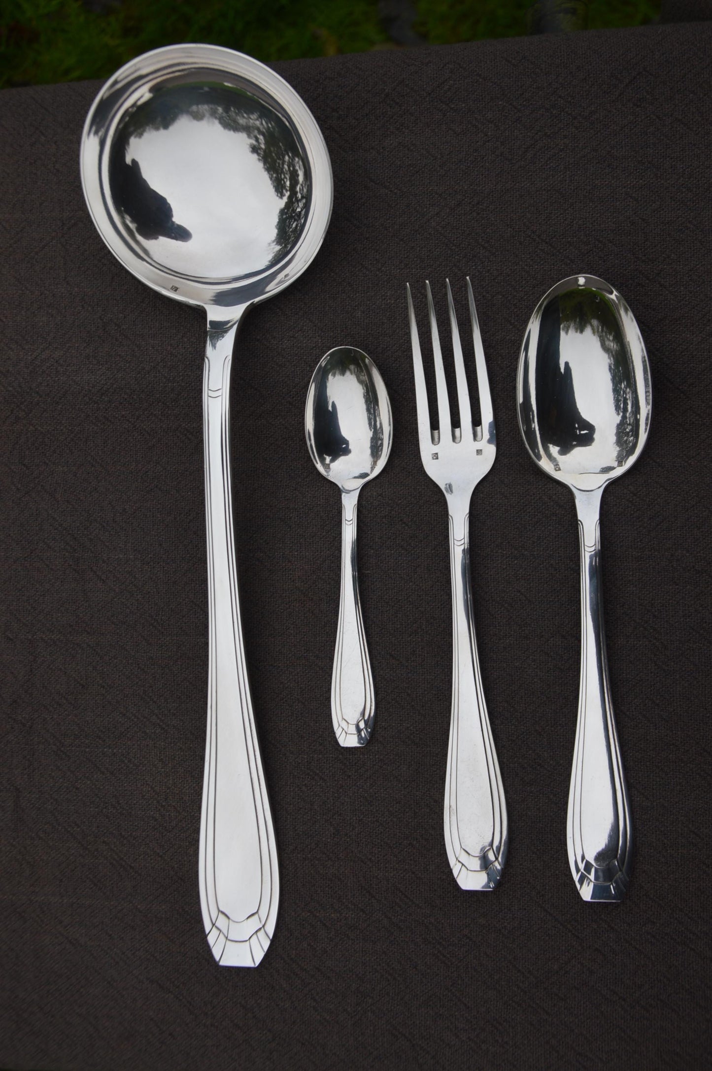 Orbrille JB Luncheon Dessert Box 37 Pieces Forks Spoons Teaspoons Ladle Fully Marked Joseph Buisson French Silver Plate Cutlery Set