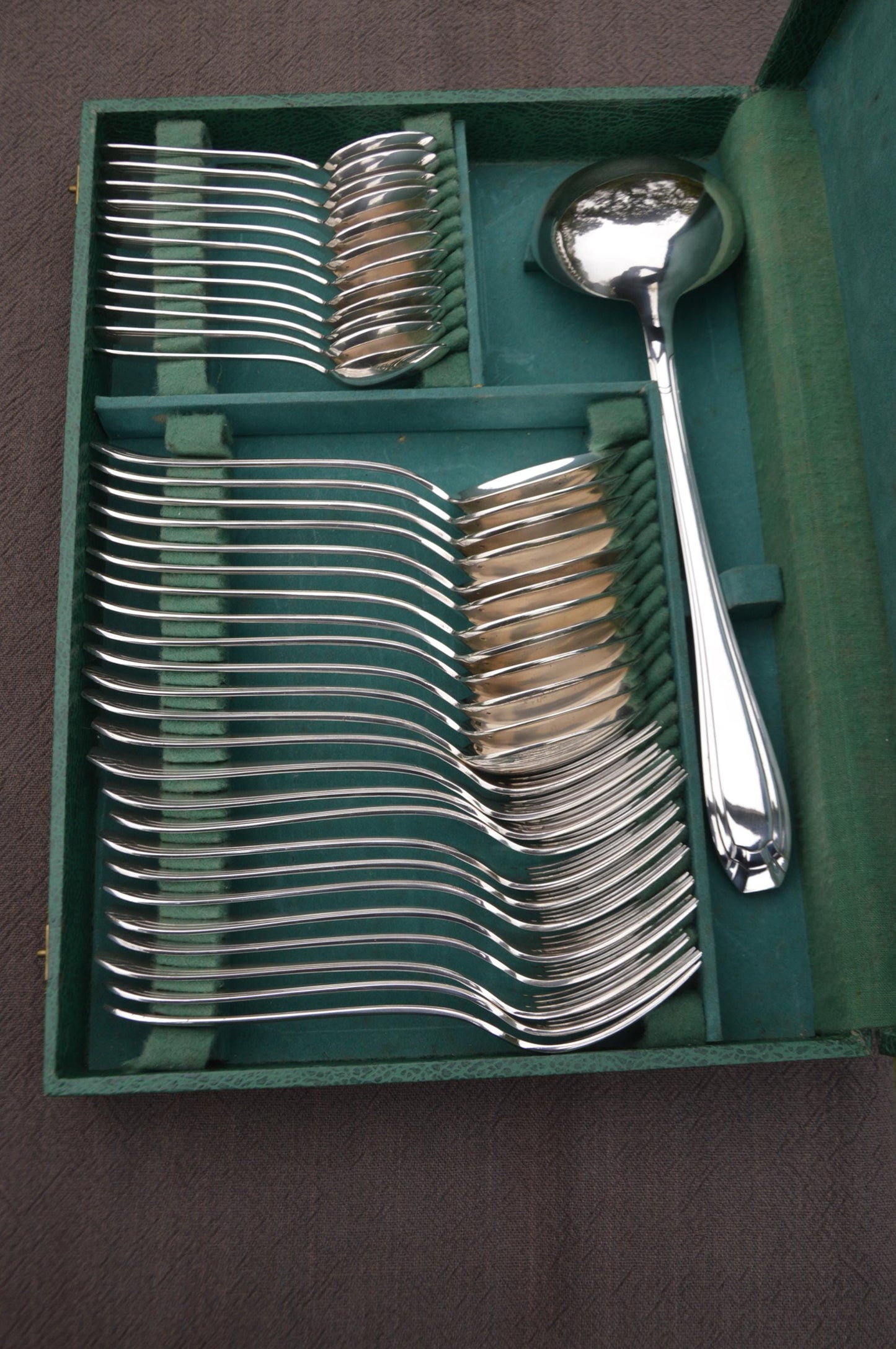 Orbrille JB Luncheon Dessert Box 37 Pieces Forks Spoons Teaspoons Ladle Fully Marked Joseph Buisson French Silver Plate Cutlery Set