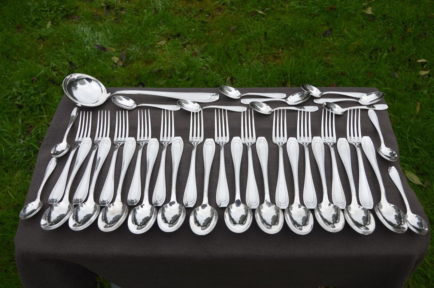 Orbrille JB Luncheon Dessert 37 Pieces Forks Spoons Teaspoons Ladle Fully Marked Joseph Buisson French Silver Plate Cutlery Set