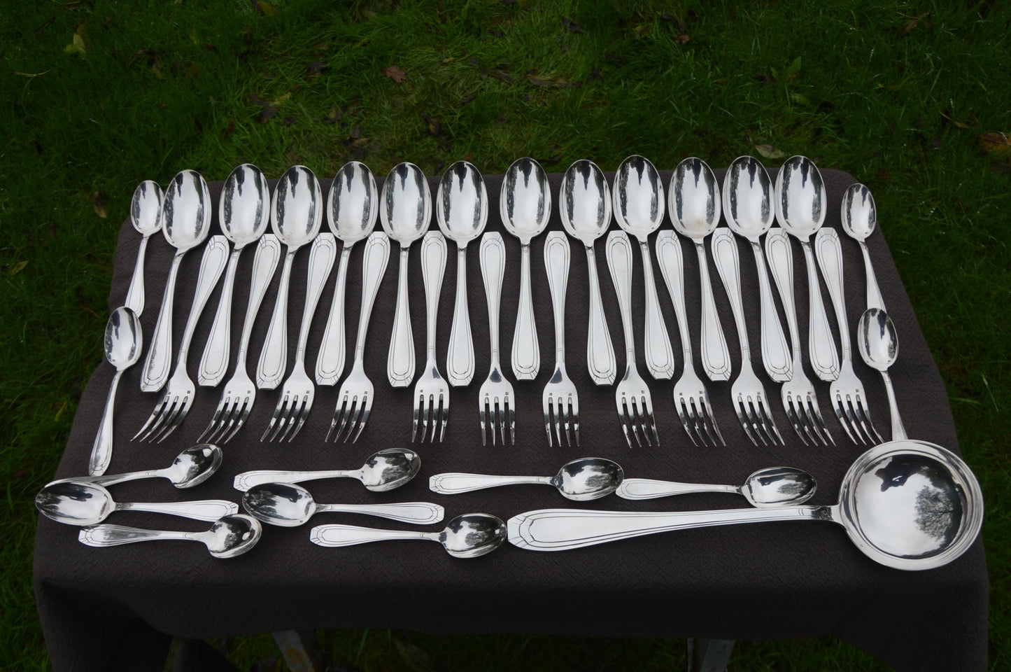 Orbrille JB Luncheon Dessert 37 Pieces Forks Spoons Teaspoons Ladle Fully Marked Joseph Buisson French Silver Plate Cutlery Set
