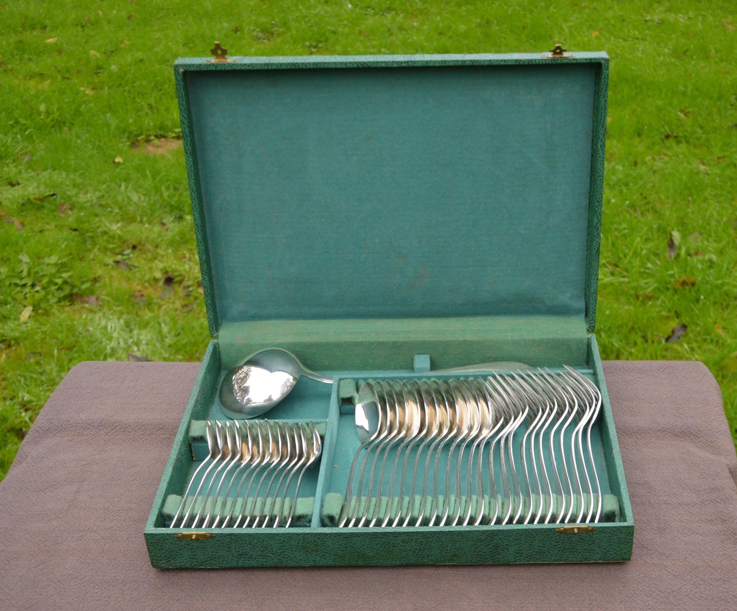 Orbrille JB Luncheon Dessert Box 37 Pieces Forks Spoons Teaspoons Ladle Fully Marked Joseph Buisson French Silver Plate Cutlery Set