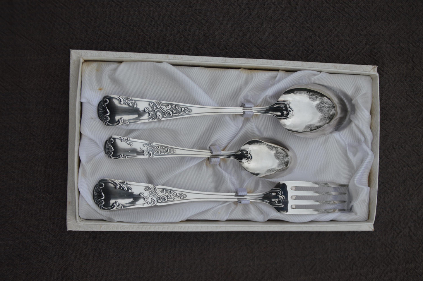 Cordonnier, Nicolas Dining Set Individual Box 3 Pieces Versailles Pattern Fork Spoon Teaspoon Fully Marked NC 60 Silver Plate