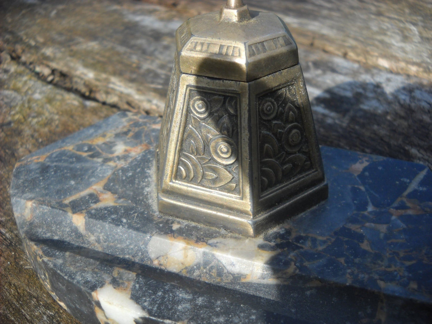 French Vintage Decorative Desk Inkwell Bronze Art Deco Pen Stand Encrier on Marble True Art Deco Inkwell Lovely Piece