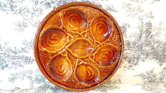 Oyster Plate St Clements French Oyster Huitre Mussel Fish Plate Beautiful Brown Vintage French Fish Plate - Super Condition