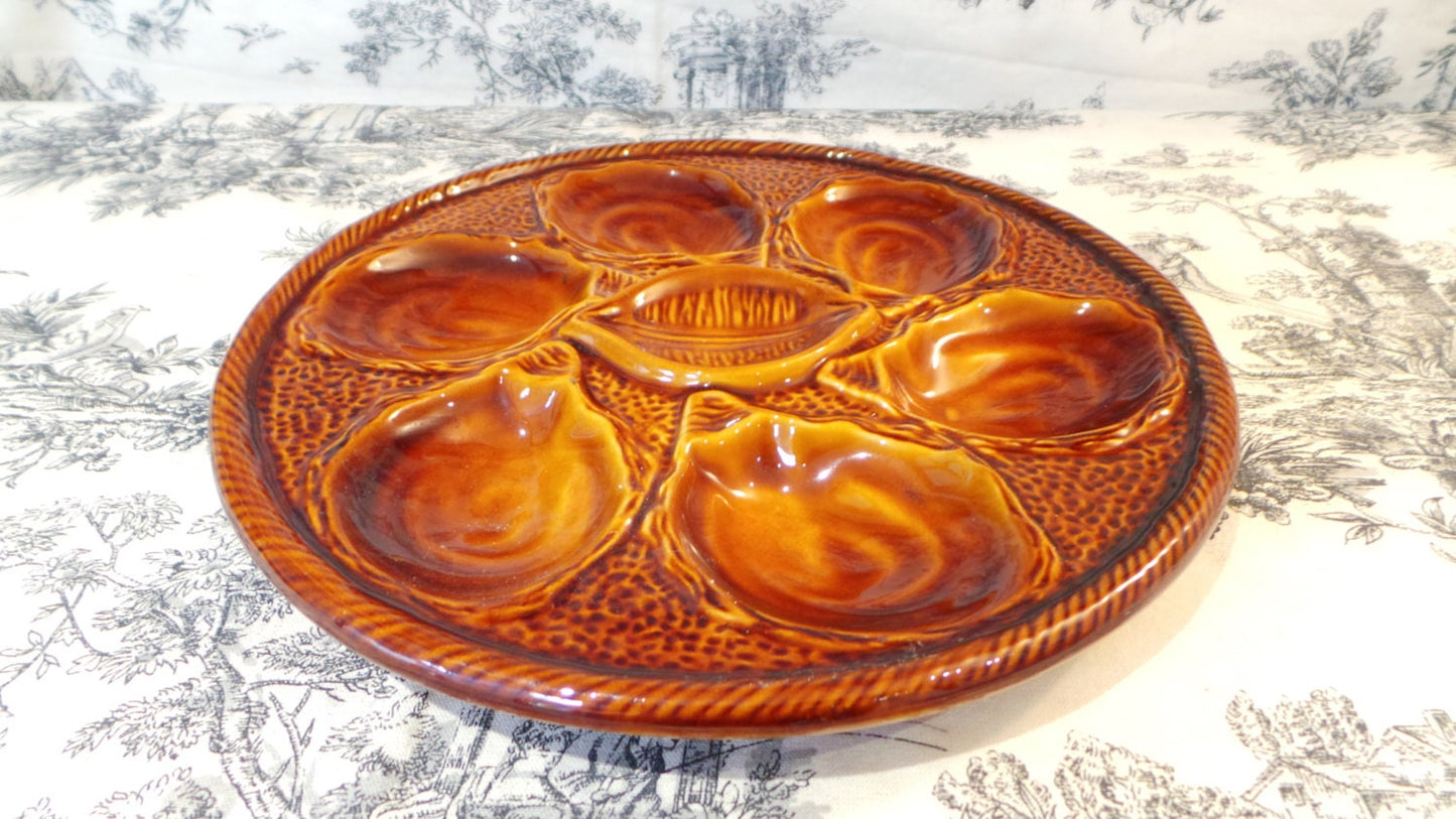 Oyster Plate St Clements French Oyster Huitre Mussel Fish Plate Beautiful Brown Vintage French Fish Plate - Super Condition