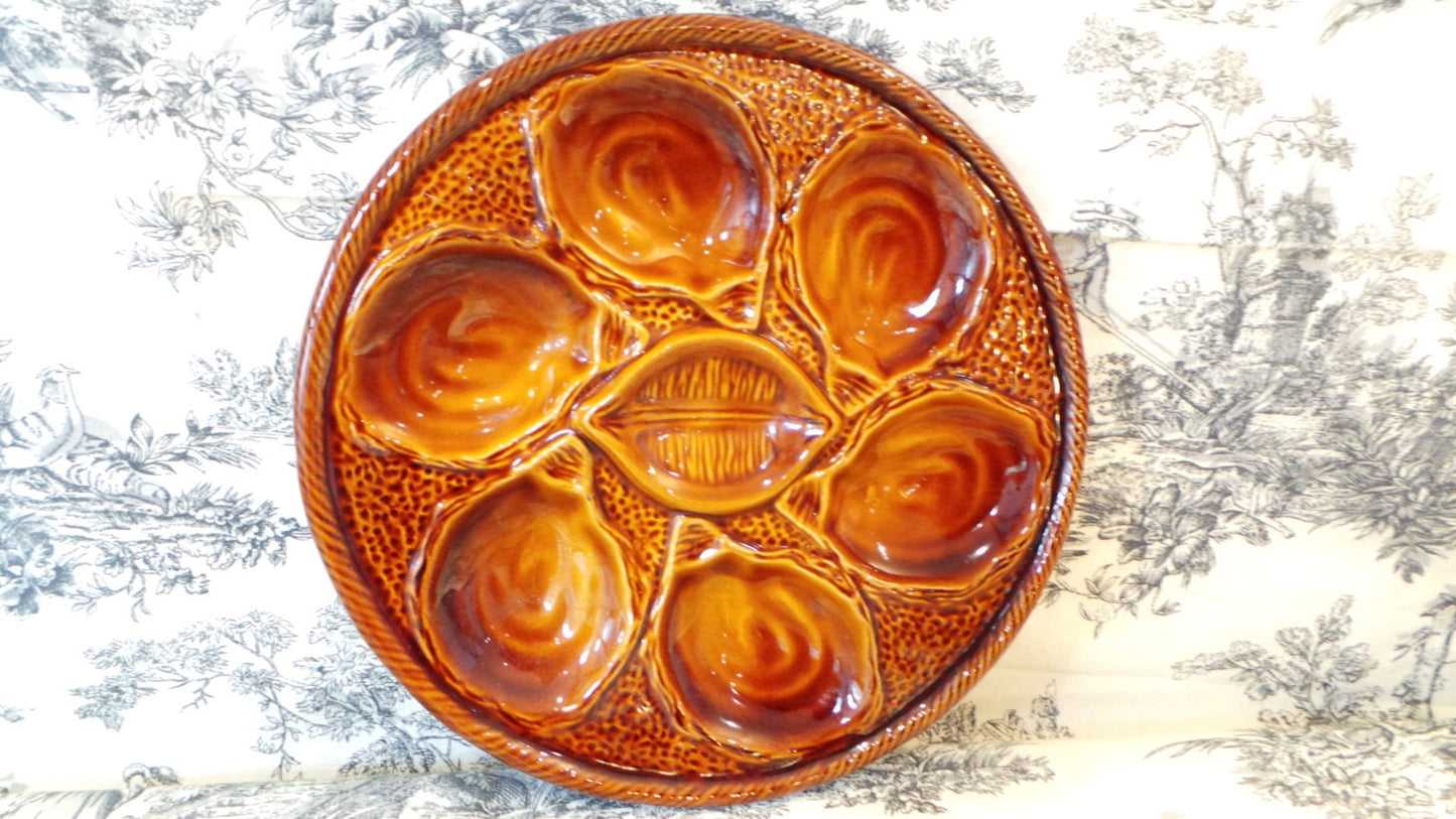 Oyster Plate St Clements French Oyster Huitre Mussel Fish Plate Beautiful Brown Vintage French Fish Plate - Super Condition