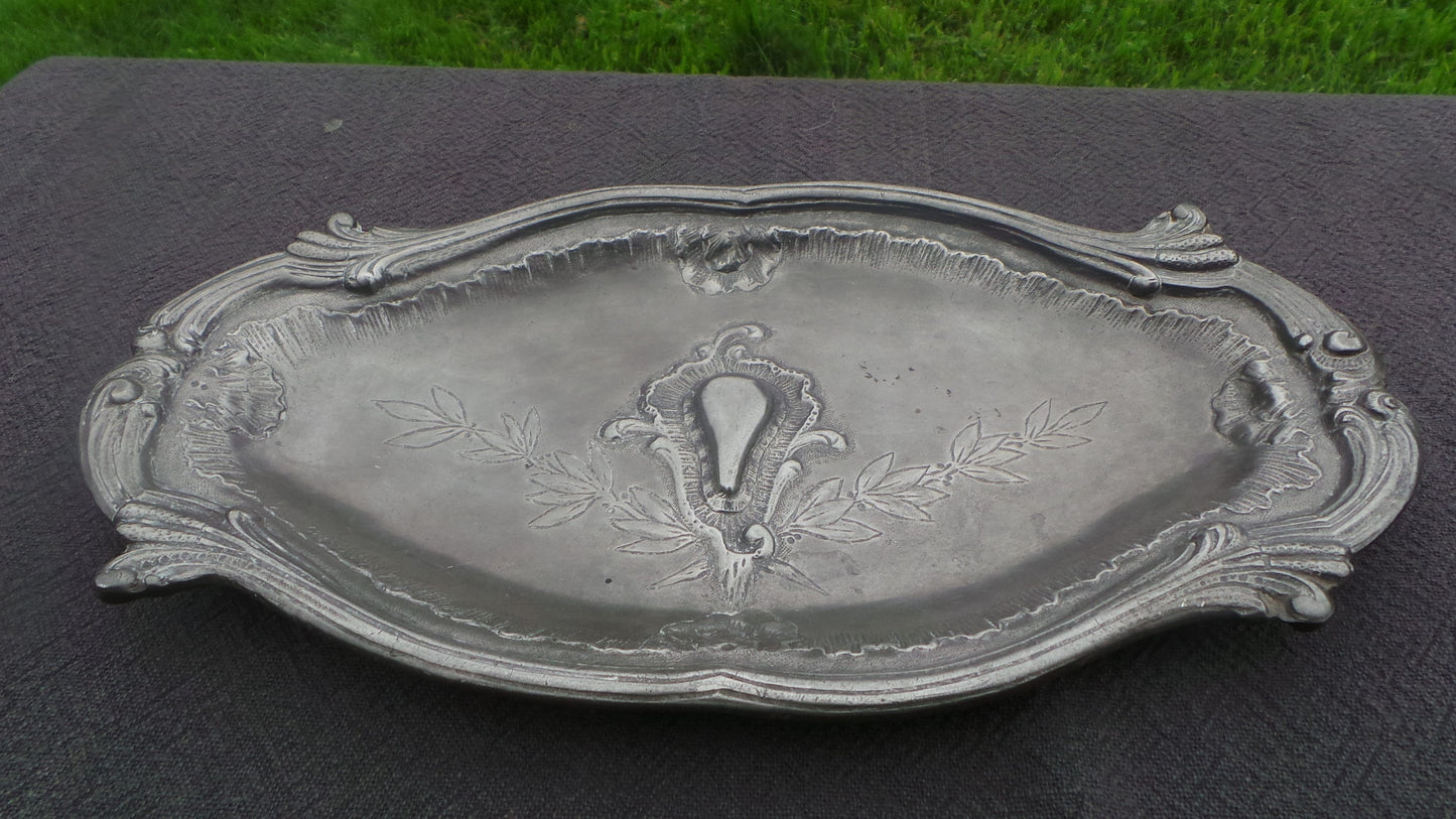 Late 19th Century Pewter Plate Decorated Fully Marked Repousee Heavy Pewter Decorative Plate Design 16th Century