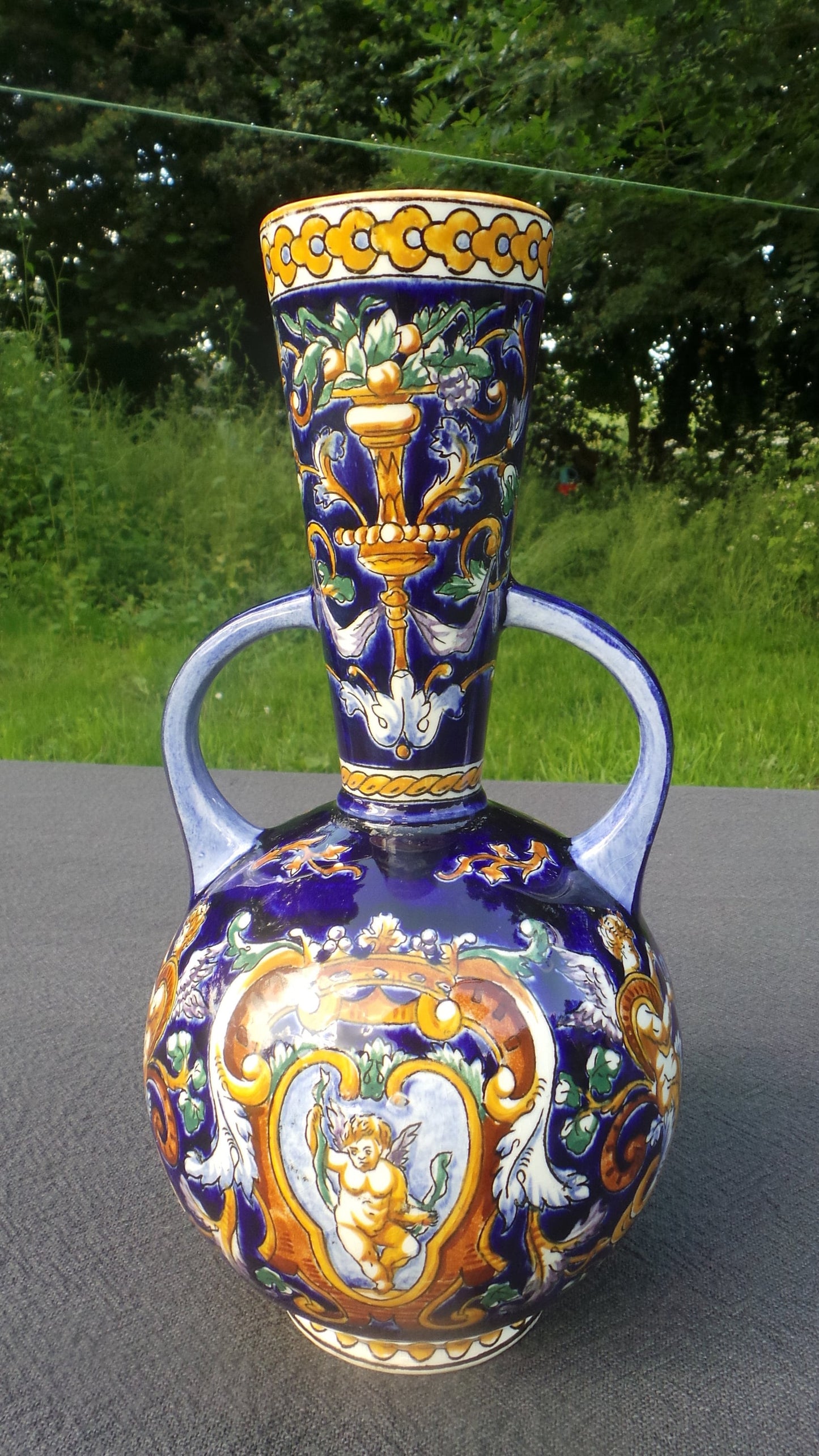 GIEN French Vase, Italian Renaissance Majolica Pattern Vase Polychrome Hand Painted Vintage Gien Faience Pottery China Porcelain Barbotine