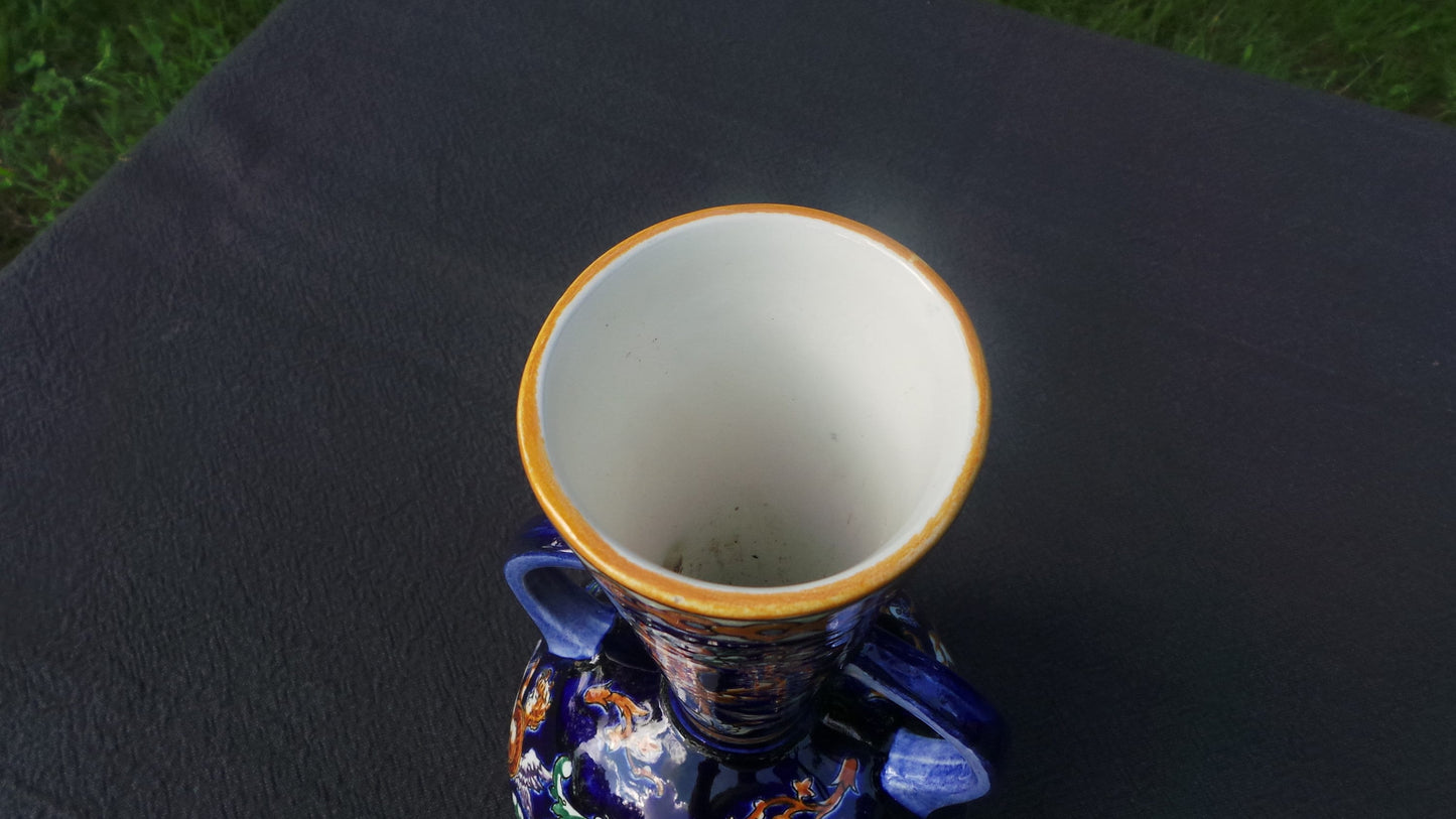 GIEN French Vase, Italian Renaissance Majolica Pattern Vase Polychrome Hand Painted Vintage Gien Faience Pottery China Porcelain Barbotine