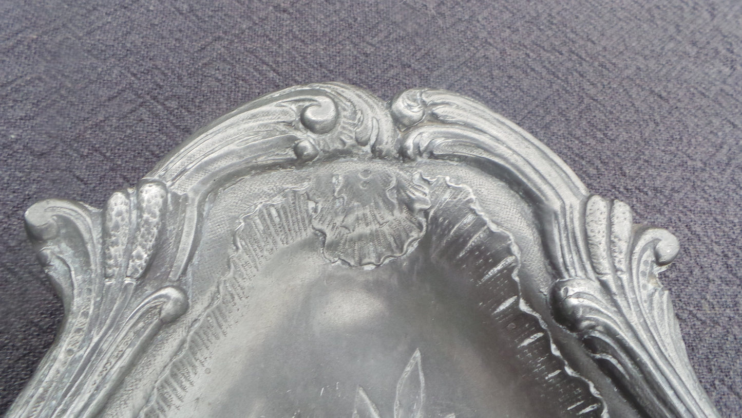 Late 19th Century Pewter Plate Decorated Fully Marked Repousee Heavy Pewter Decorative Plate Design 16th Century