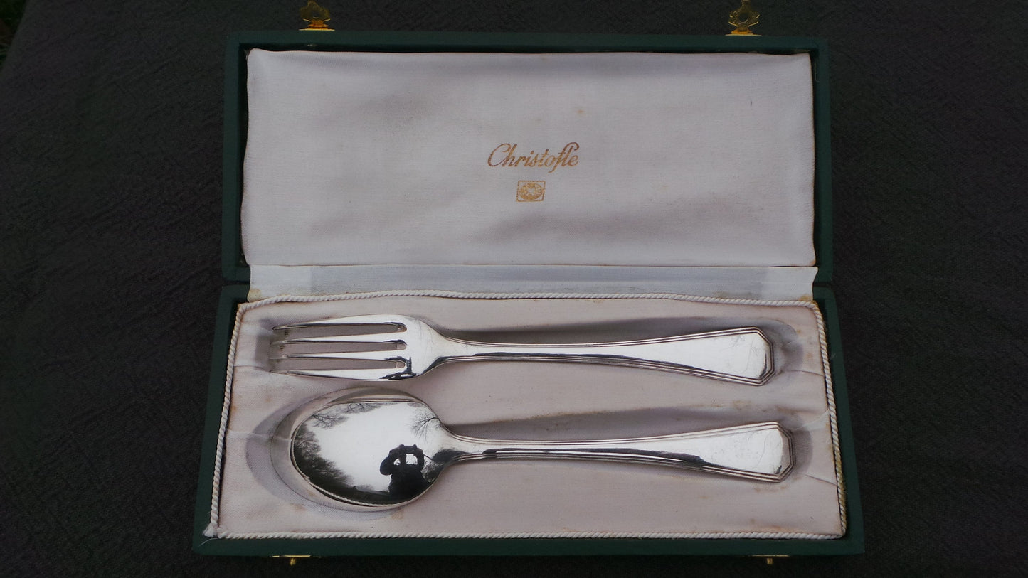 Christofle Cuillère et Fourchette En Boîte Bonne Taille Français Argent Plaqué Marqué Christofle vintage Christofle 1935-1983 Couverts Couverts