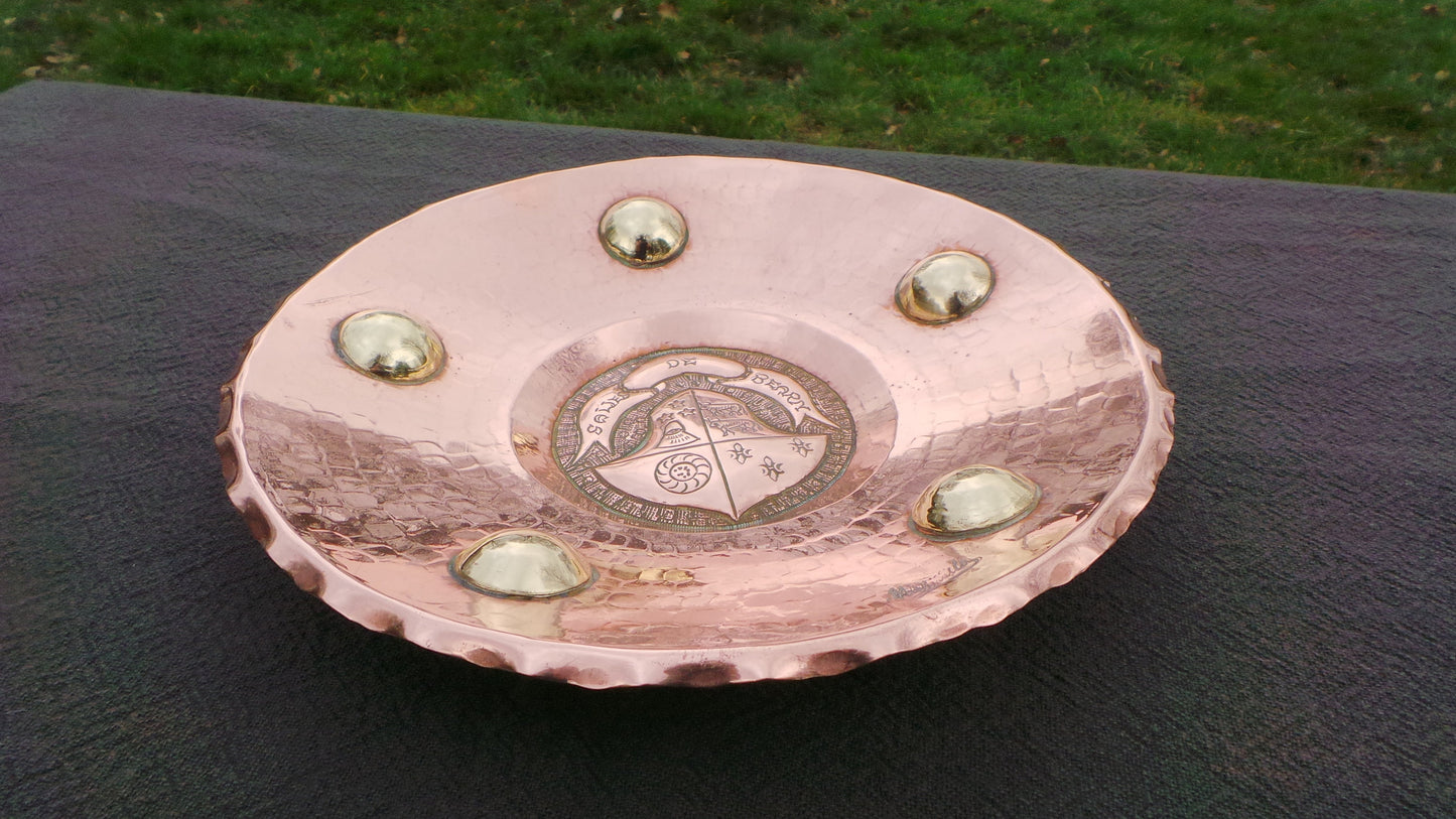 Copper Dish Antique Basque French Solid Copper Plate with Brass Lozenges Totally Hand Made Repousse Copper Dish Vide Poche