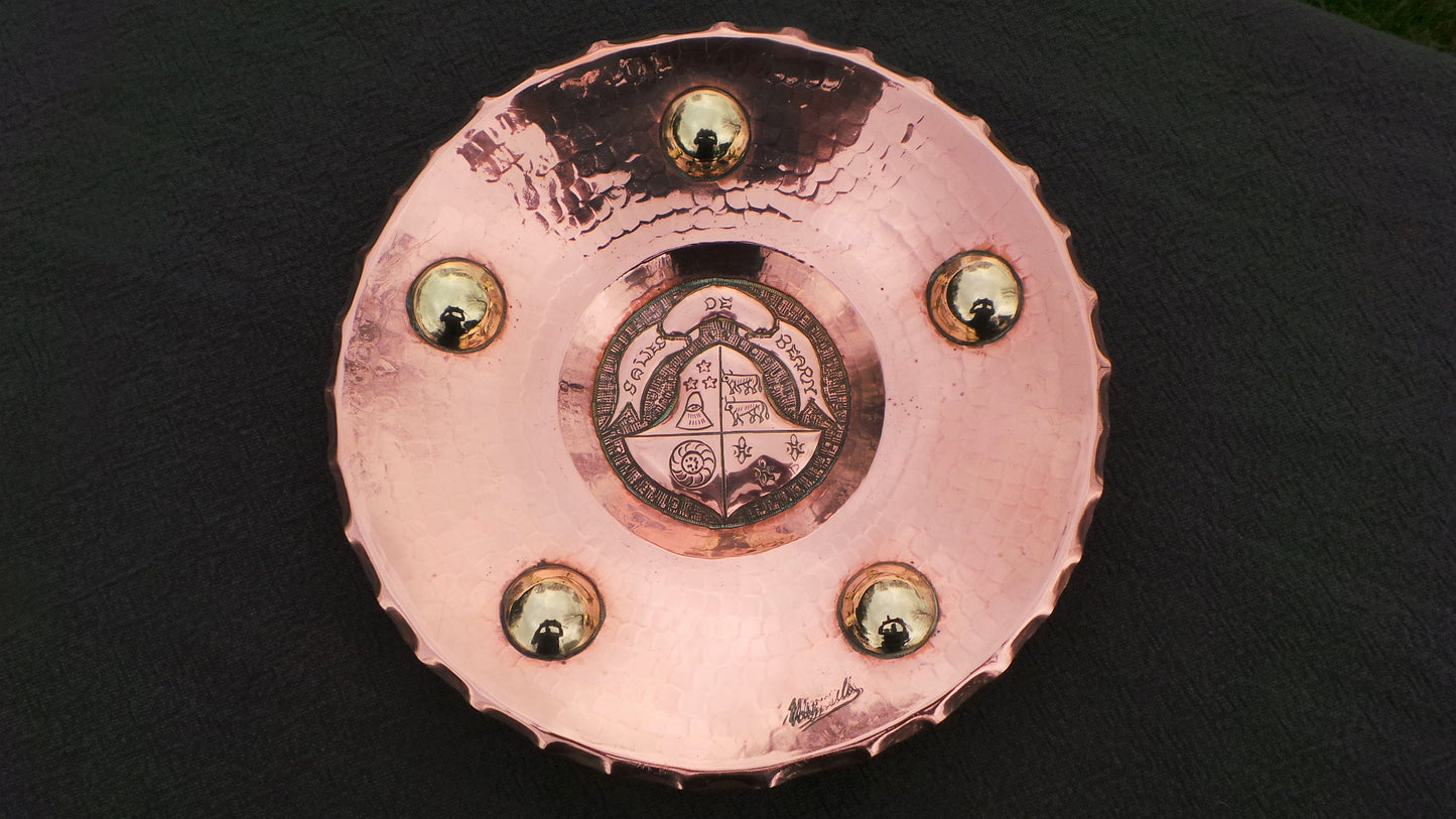 Copper Dish Antique Basque French Solid Copper Plate with Brass Lozenges Totally Hand Made Repousse Copper Dish Vide Poche