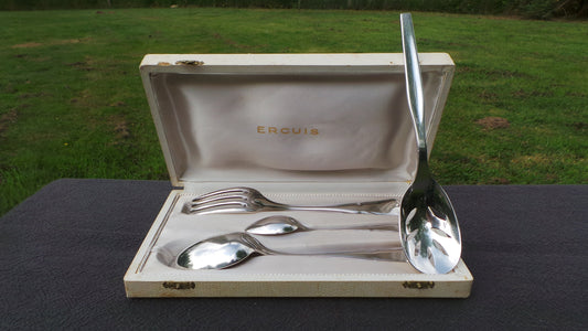 Ercuis Silver Plated 'Metaille Blanc' Boxed Teaspoon, Fork and Spoon Bonus Fruit Spoon Real Luxury Made by Ercuis of Paris