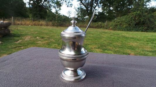 French Condiment Pot with Plated Spoon Superb Mustard Vintage Silver Plate Body Cast Metal Condiment Chateau Chic Preserves Marked O F E S