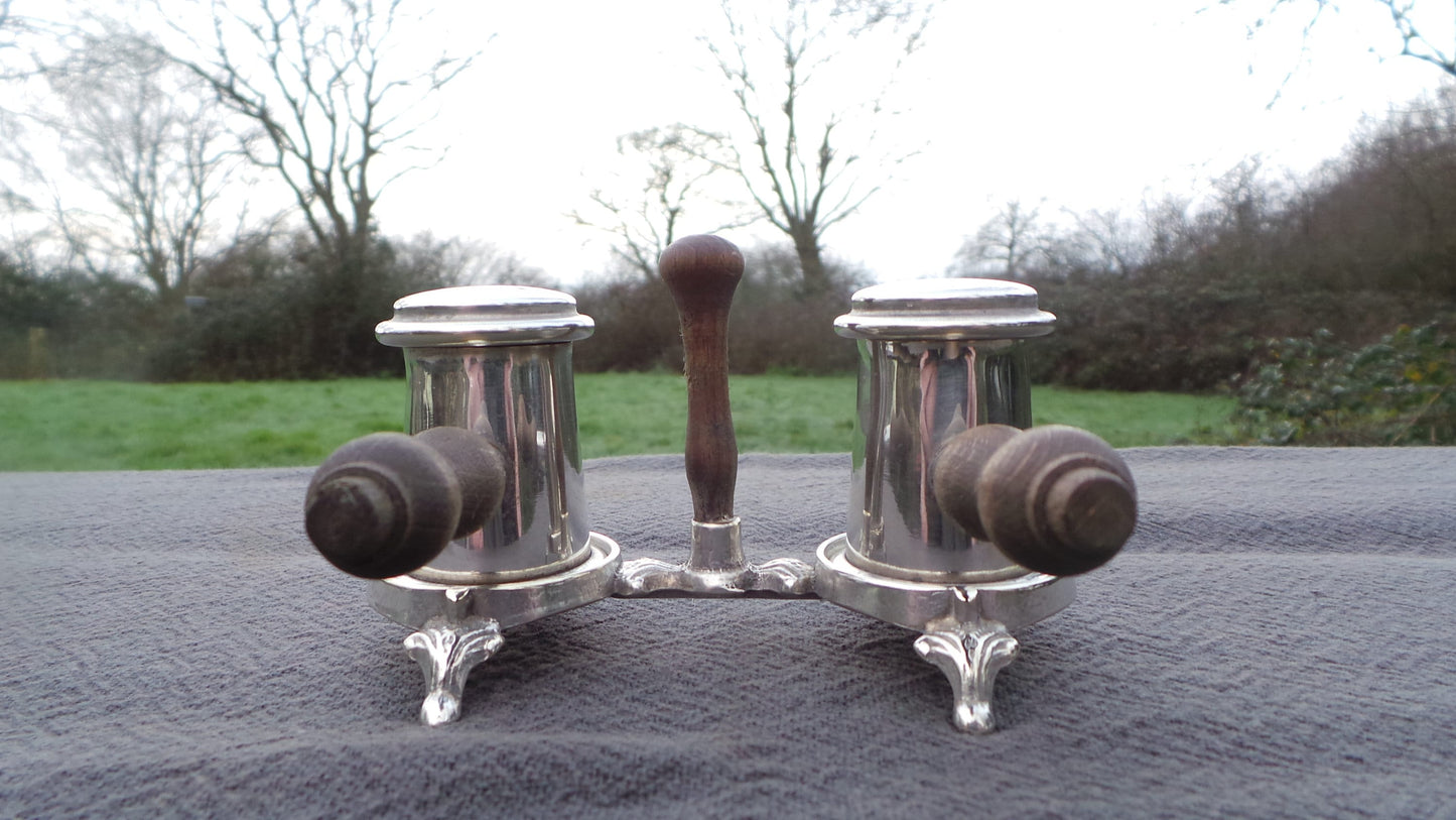 Pair Silver Plate Salt and Pepper Cruet Silver Plate and Wooden Stand Serving Set French Silver Salieres Pepperette