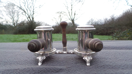 Pair Silver Plate Salt and Pepper Cruet Silver Plate and Wooden Stand Serving Set French Silver Salieres Pepperette