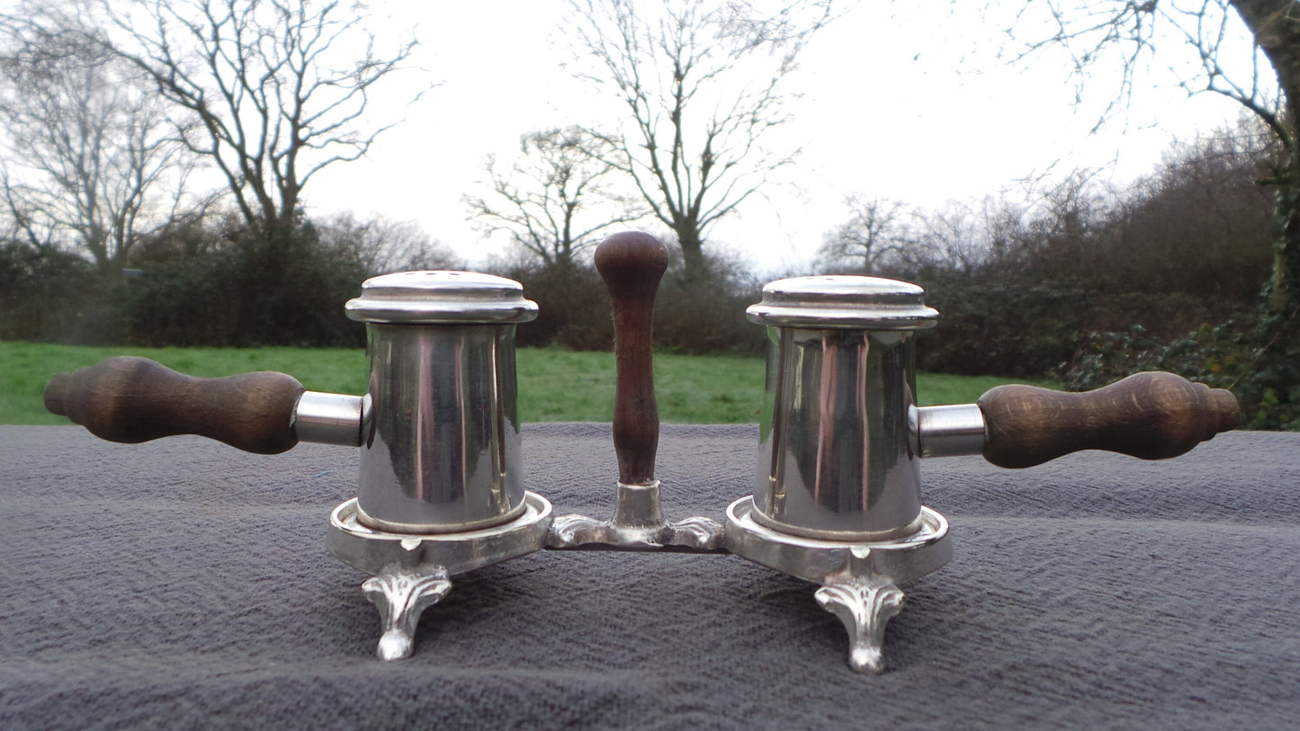 Pair Silver Plate Salt and Pepper Cruet Silver Plate and Wooden Stand Serving Set French Silver Salieres Pepperette