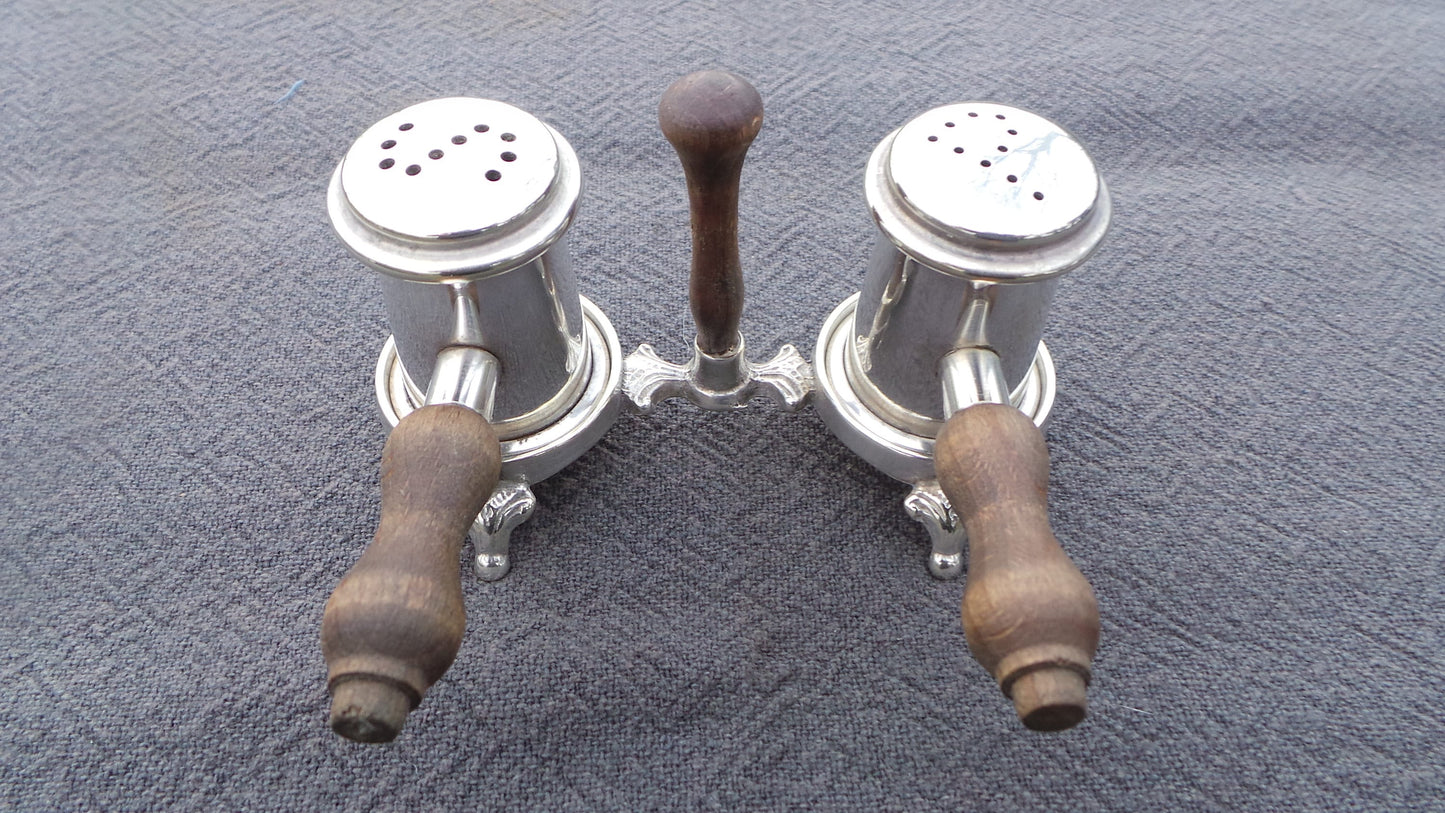 Pair Silver Plate Salt and Pepper Cruet Silver Plate and Wooden Stand Serving Set French Silver Salieres Pepperette