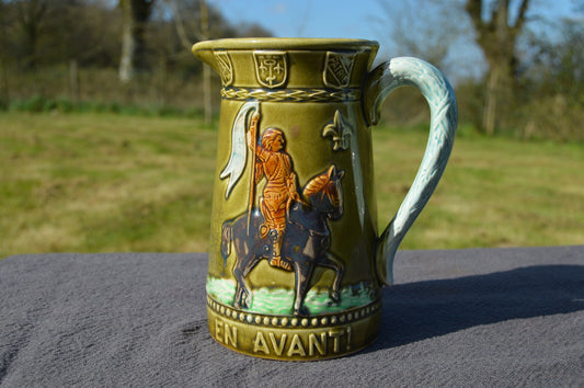 French Majolica Pitcher Joan of Arc Jeanne D'Arc Antique Five Lille French Majolica Marked Barbotine Authentic Majolica Jug Rare, Beautiful