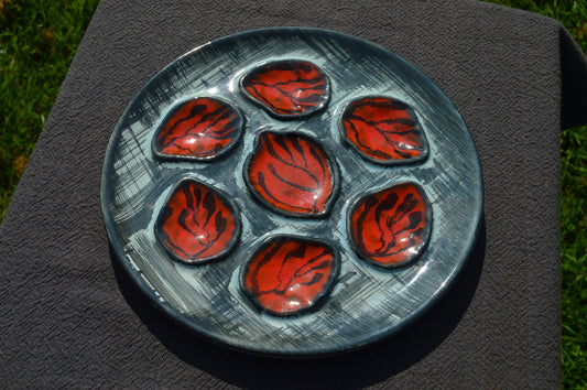Oyster Plate Vintage French MBFA Pornic Quality Red Huitre Oyster Mussel Coquille Plate Shellfish Lemon/Vinegrette Resevoir Beautiful Design