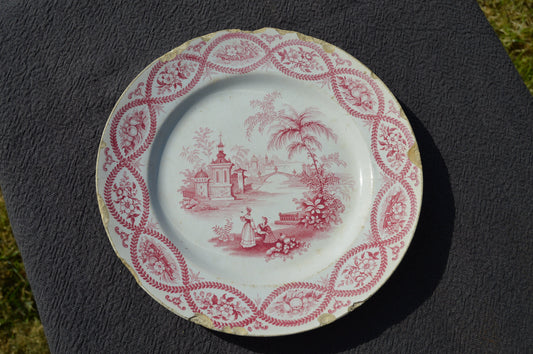Français Faience David Johnstone Full + Impressionné Mark Bordeaux Assiette Chine Porcelaine Céramique Transfert Plat Imprimé 1835-1844 Rose et Blanc