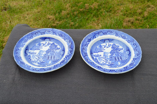 J Vieillard David Johnstone Two Plates Bordeaux French Faience China Porcelain Ceramic Transfer Printed Willow Pattern 1835-1844 Blue White