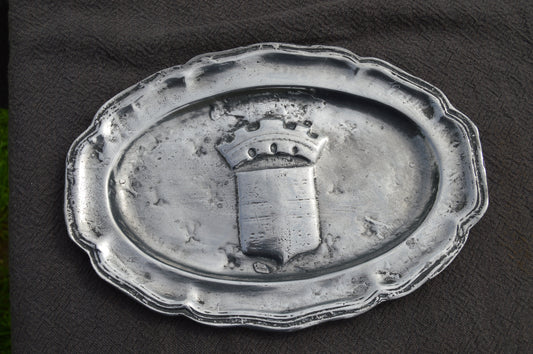 Late 19th Century Pewter Plate with Shield and Crown Fully Marked Repousee Heavy Pewter Decorative Plate Design 16th Century