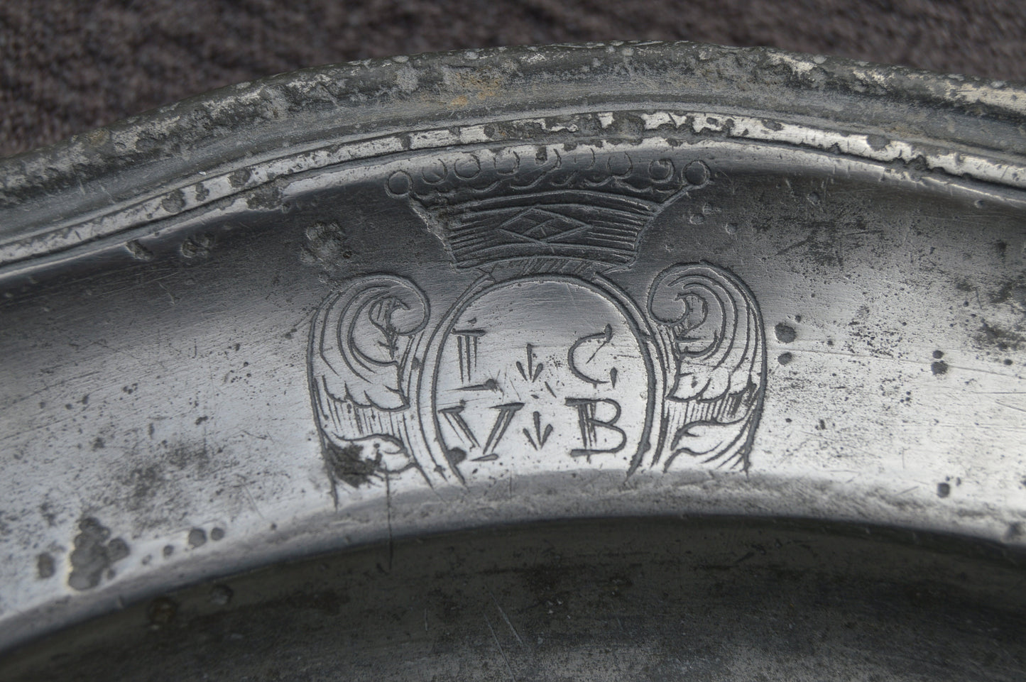 Late 18th Century Pewter Plate Fully Marked Wavy Edge Heavy Pewter Marked LC VB Marriage Plate Design Late 1700s Antique Pitted Pewter