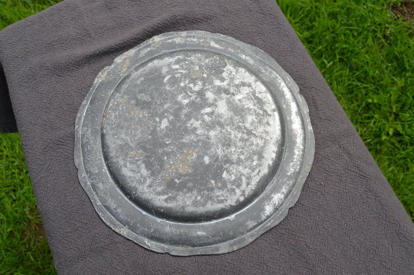 Late 18th Century Pewter Plate Fully Marked Wavy Edge Heavy Pewter Marked LC VB Marriage Plate Design Late 1700s Antique Pitted Pewter