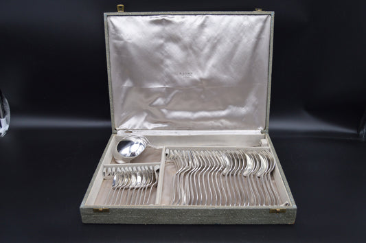 Alfenide 12 fourchettes et 11 cuillères 10 cuillères à café 1 louche en boîte Français plaqué argent marqué vintage Alfenide fabriqué par Christofle couverts couverts