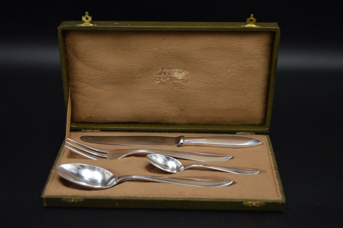 Christofle Dining Set Individual Box 4 Pieces Fork Spoon Teaspoon Knife Fully Marked Christofle 1920-1935 Atlantic Pattern Silver Plate