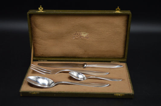 Christofle Dining Set Individual Box 4 Pieces Fork Spoon Teaspoon Knife Fully Marked Christofle 1920-1935 Atlantic Pattern Silver Plate